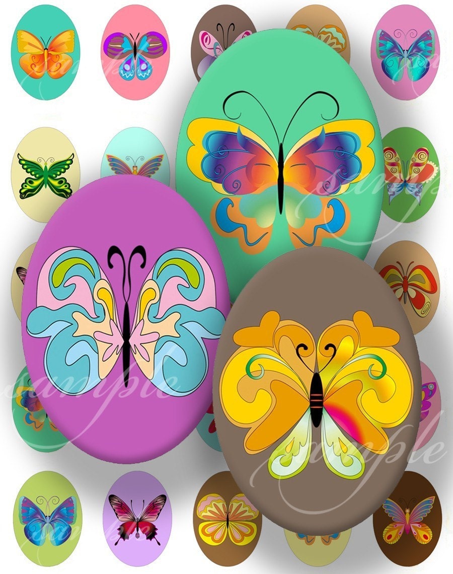 Cute Butterflies Digital Collage (363) Sheet 25x18 mm Oval for pendants, magnets, glass tiles ....