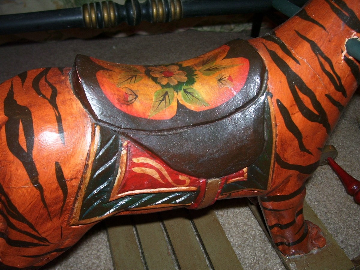 Super SaLe Rare Antique Hand Carved Wooden Rocking Bengal Tiger