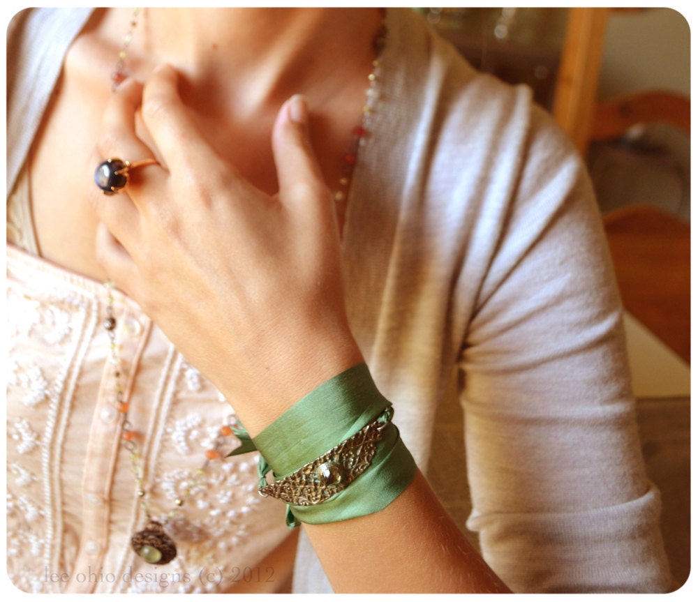 SALE Emerald lace cuff, Bohemian Verdigris green silk ribbon, fine silver wrap corset cuff, White topaz bracelet, 'Chantilly Lace'