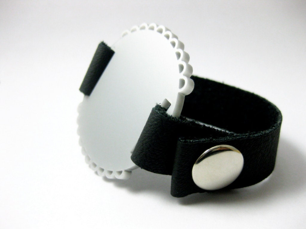SALE Lace bracelet - silver plexiglass jewelry - leather identity with black strap