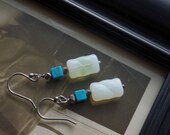 Vintage Neon Yellow Bead and Turquoise Cube Oxidized Sterling Siver Earrings