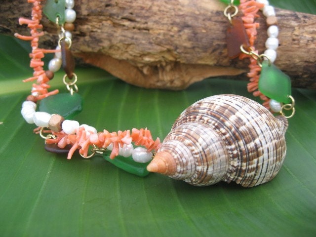Shell Necklace Seaglass Coral Pearls Mermaid Masterpiece Handmade Organic Green Brown Chunky Statement Choker - Vixen Design Studio on Etsy