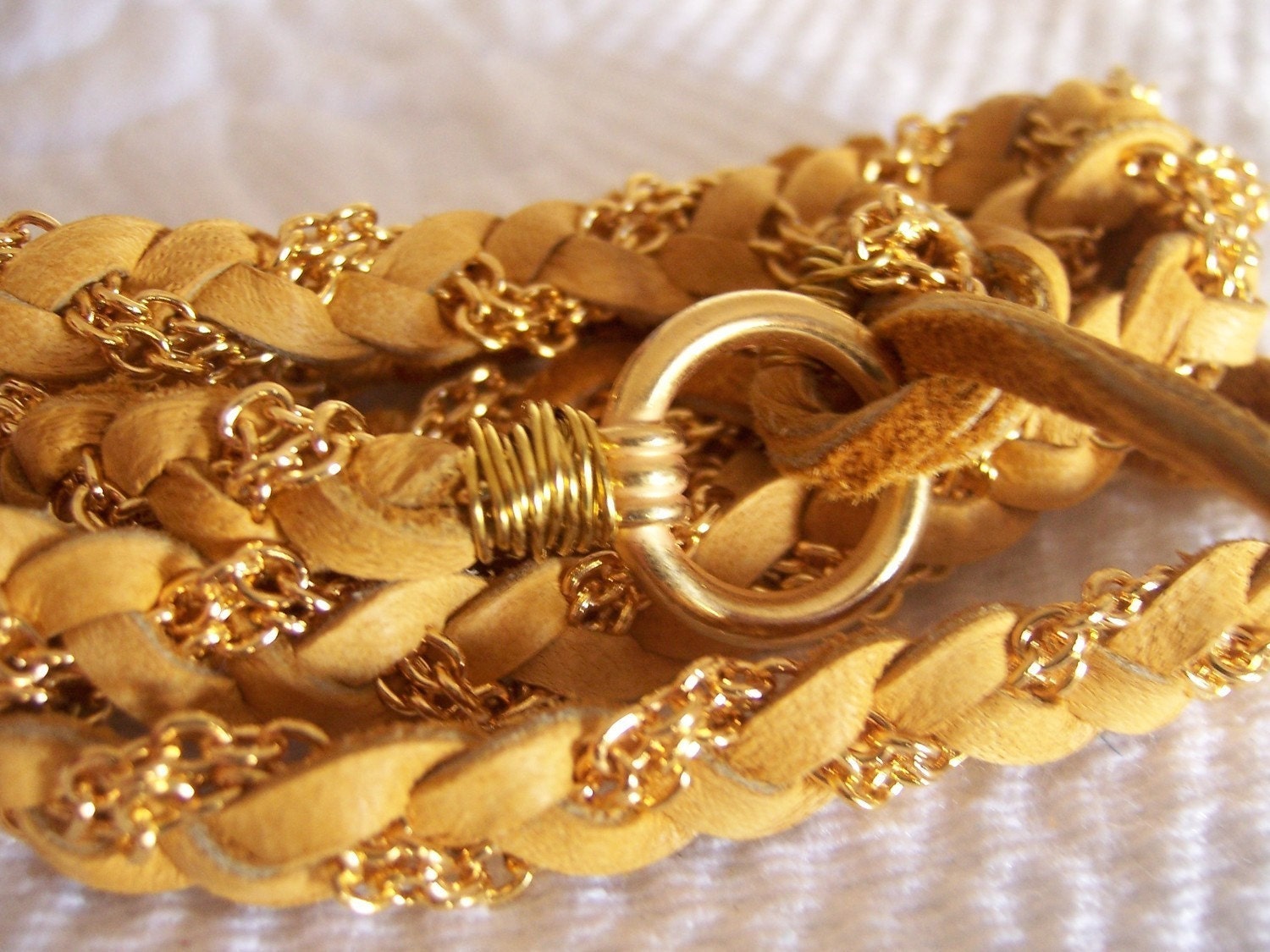 Buttery Tanned Deerskin Leather Wrap Bracelet, Natural, Gold Chain, Cuff, Anklet, Fits all wrist sizes, Braided, Wire Wrapped, Original