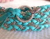 Rich Turquoise Deerskin Leather Wrap Bracelet, Braided Leather Bracelet, Wire Wrapped, Cuff, Anklet, Charm Bracelet, Ponytail, Friends