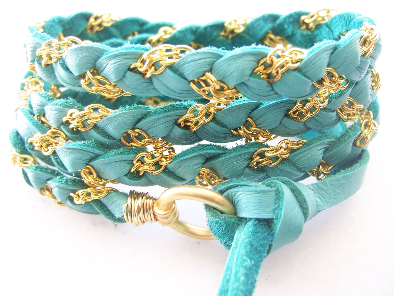 Rich Turquoise  Deerskin Leather Wrap Bracelet, Gold Chain, Cuff, Anklet, Headband, Ponytail Wrap, Fits all wrist sizes, Wire Wrapped