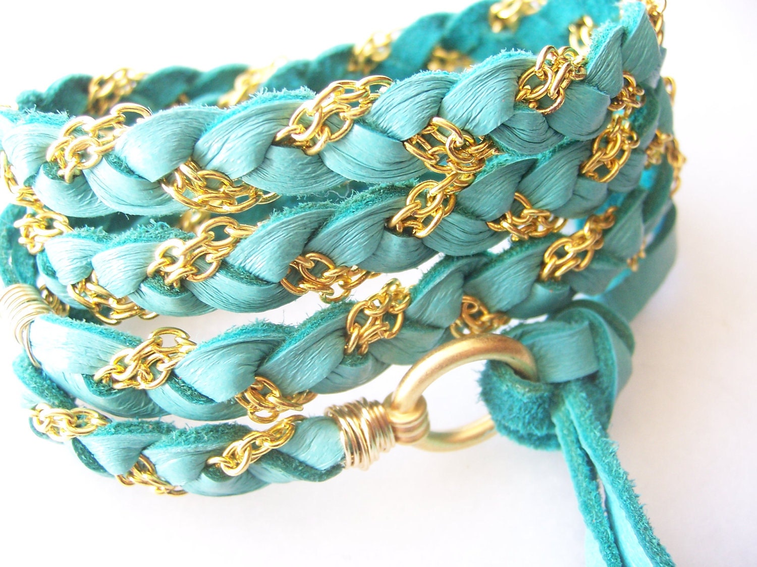 Rich Turquoise  Deerskin Leather Wrap Bracelet, Gold Chain, Cuff, Anklet, Headband, Ponytail Wrap, Fits all wrist sizes, Wire Wrapped