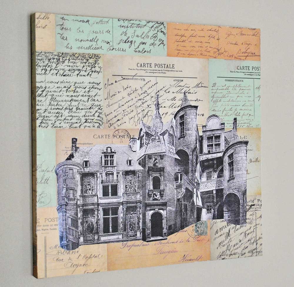 Funky Classical Architecture on Vintage French Postcard Collage 12" x 12"