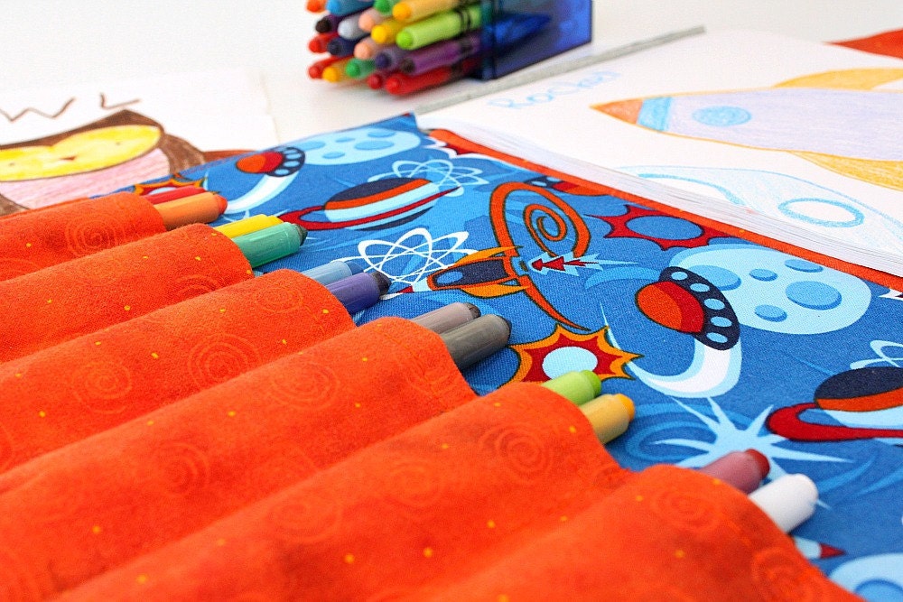 Crayon holder - kids art portfolio crayon case with paper - Space Travel (LAST ONE)