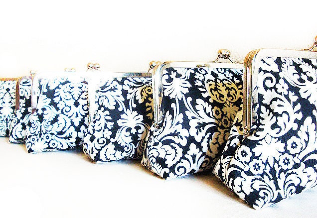 6 Black Damask Bridesmaids Gifts Purses Personalized Wedding Clutches  Gift Set Kisslock