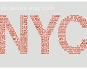 NYC Dictionary (11 x 17 New York City Word Cloud Poster in Gray and Red)