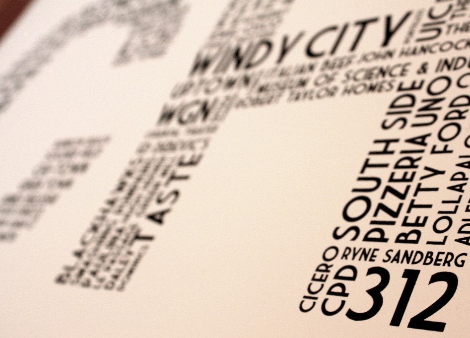 CHI (24 x 18 Hand-screened Chicago Word Cloud Poster Print in Tangy Orange)