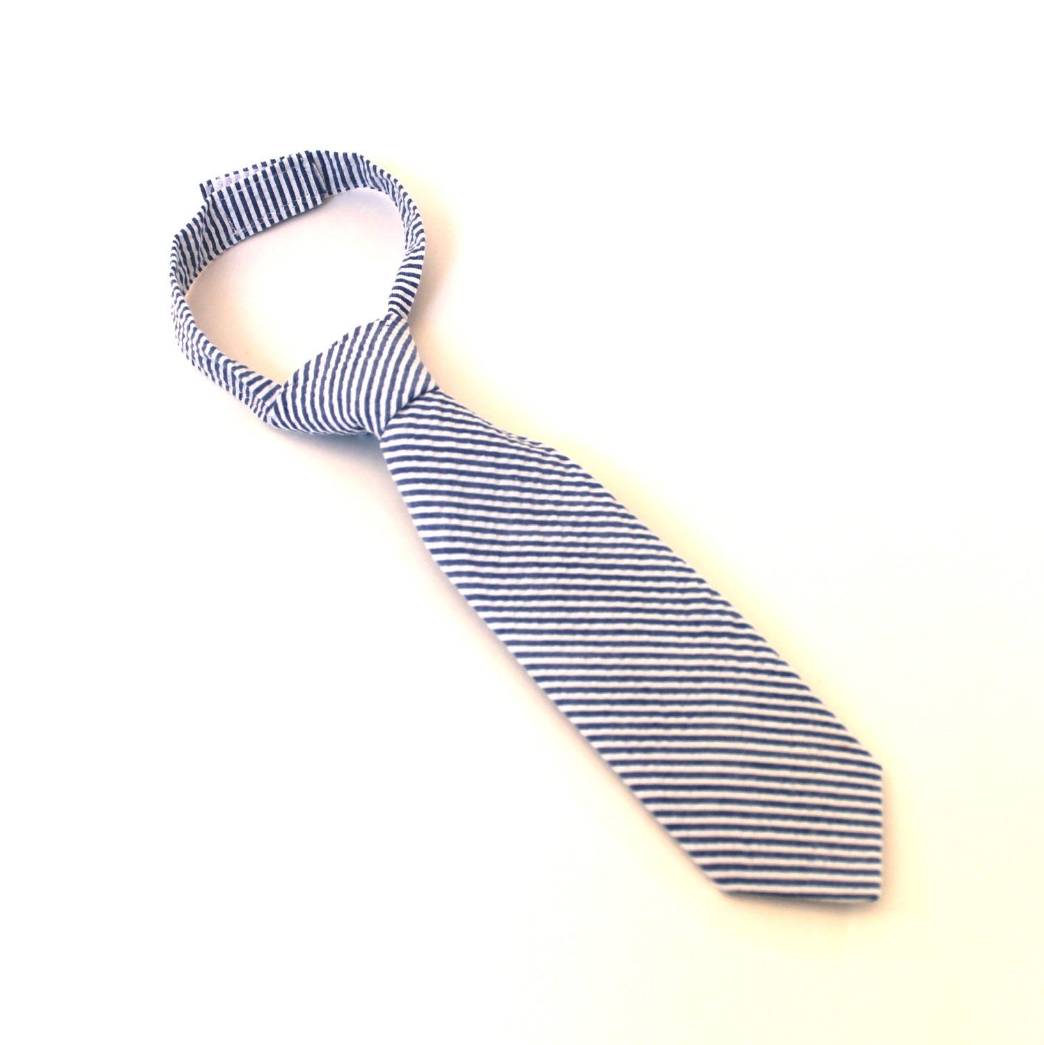 Boy's Tie - Navy Blue Seersucker - Navy and White Stripes