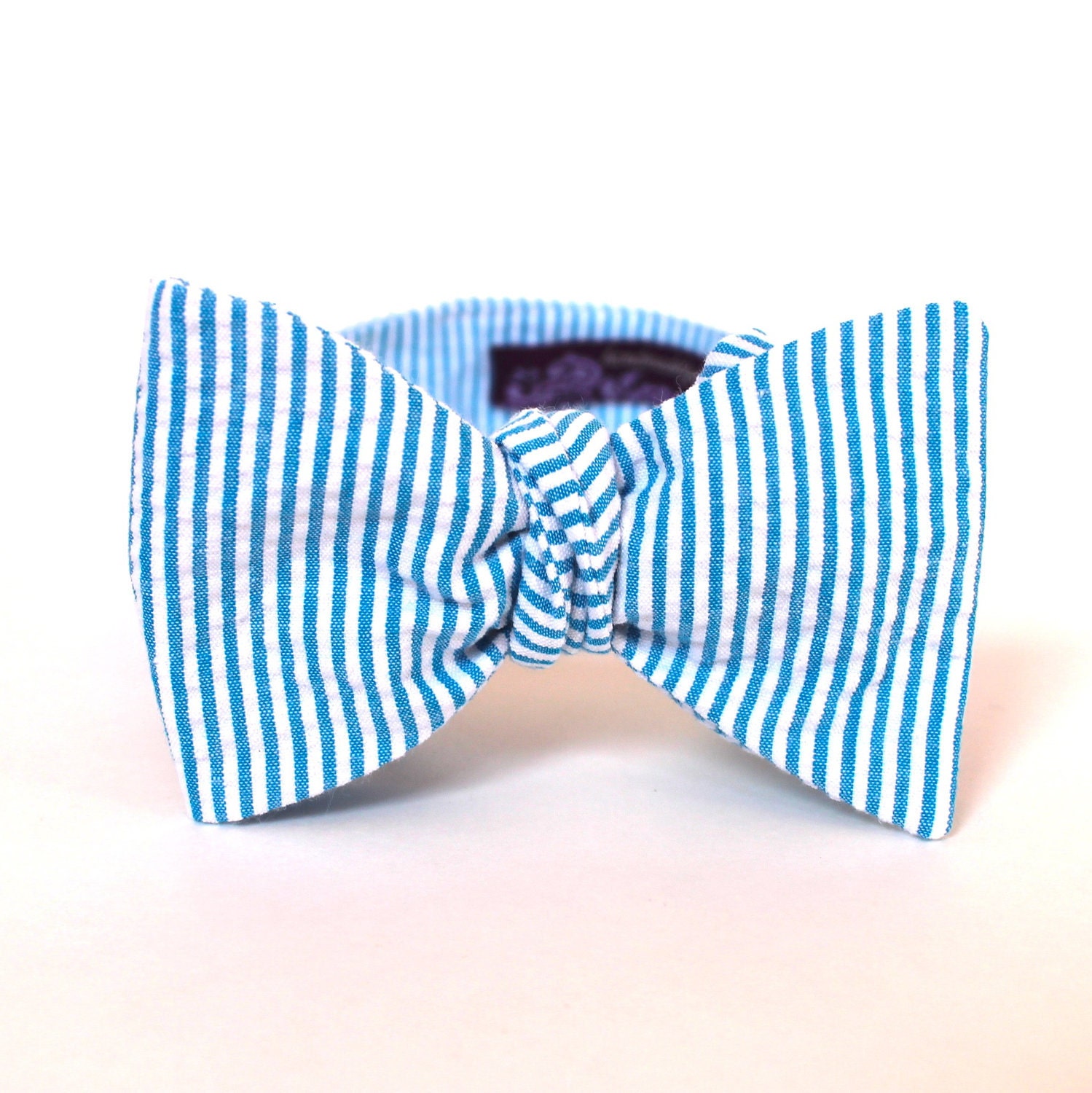 Men's Bow Tie - Turquoise Seersucker - Aqua Blue and White Stripe Bowtie - Adjustable