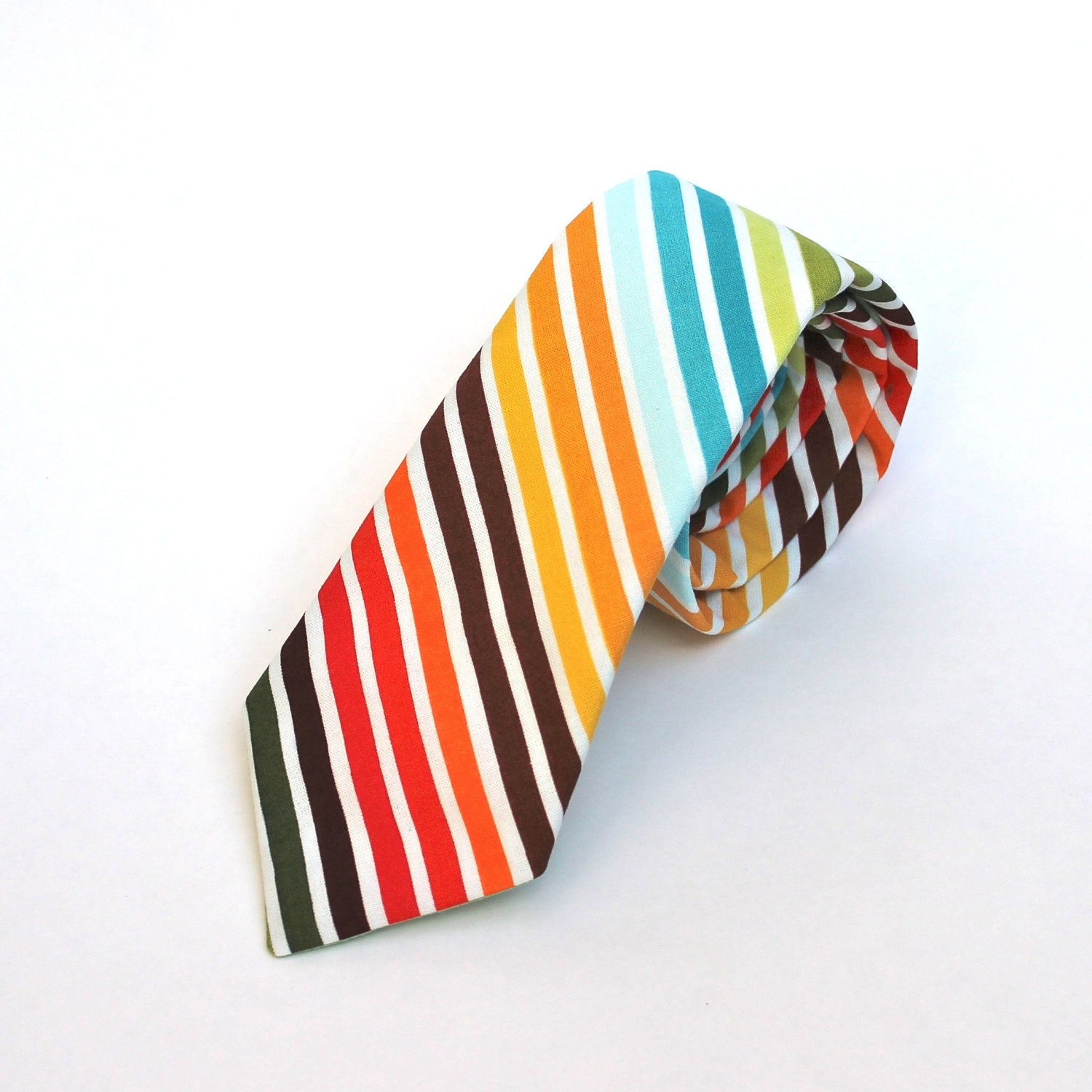 Men's Tie - Multicolor Stripe - Brown, Red, Orange, Blue, Green, Yellow, and White