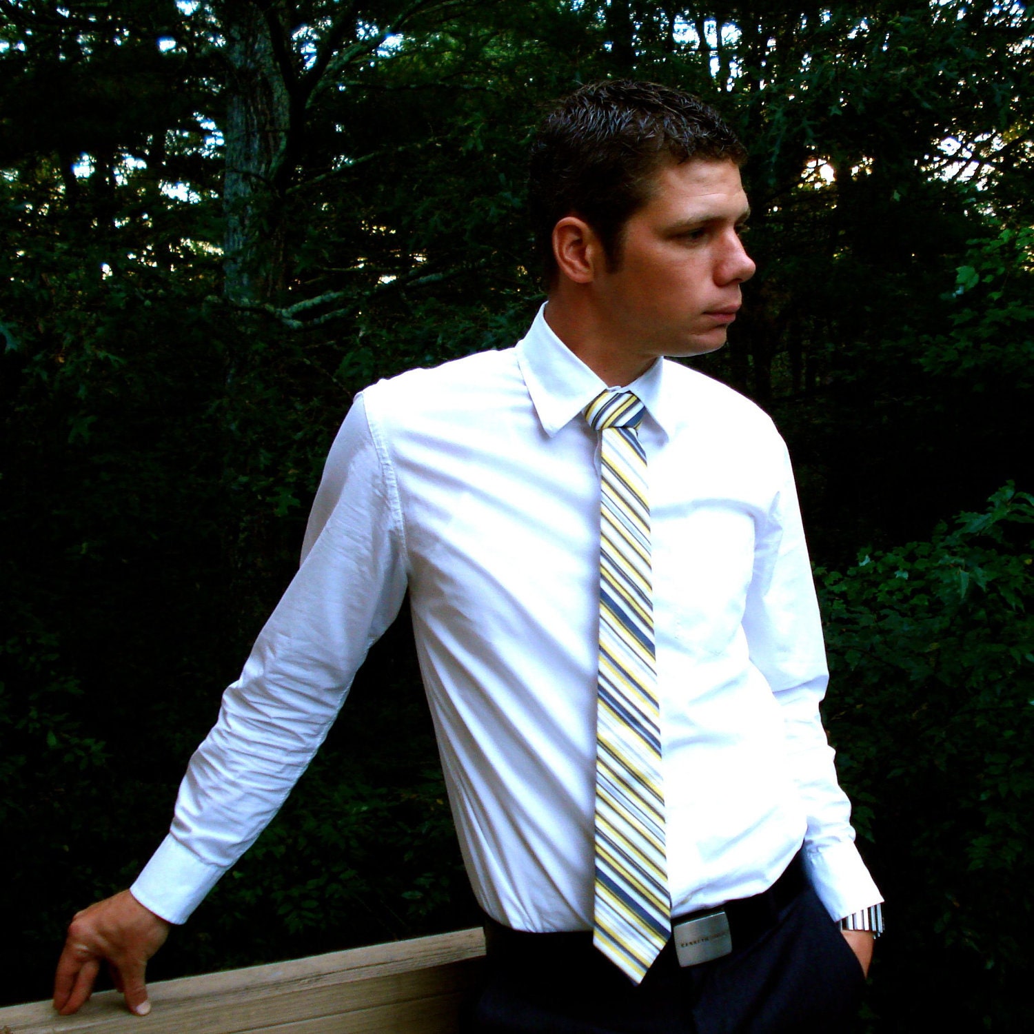 Men's Tie - Yellow and Grey Stripe - Charcoal and Citron Stripped Necktie