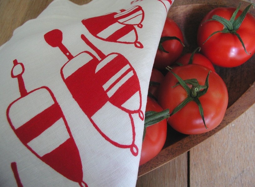 Lobster Buoy Tea Towel - Organic Linen- Screen Printed Dish Towel