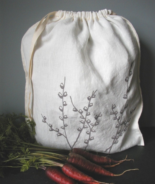 Organic Linen Drawstring Produce Bag- Hand Screen Printed with Pussy Willow Design