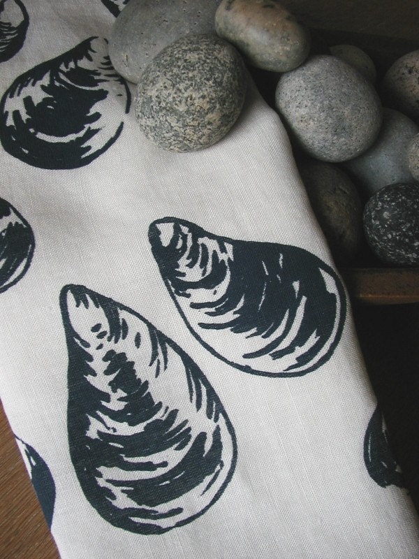 Tea Towel-Organic Linen- Screen Printed with Mussel Design- Dish Towel- Hostess Gift