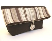 Foldover Makeup Pouch Beige Brown Stripe Cotton Canvas BETHANY STYLE