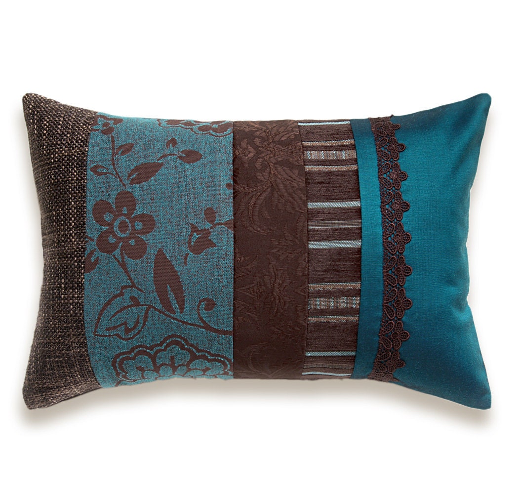 Teal Blue Chocolate Brown Lumbar Pillow Case OOAK 12 x 18 in IRMA DESIGN