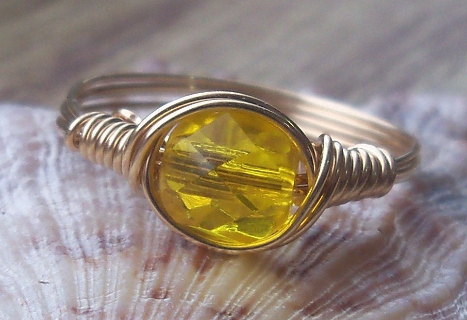 Daffodil Yellow Czech Glass Argentium Sterling Silver or 14k Gold Filled Wire Wrapped Ring