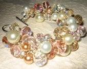 Sparkling PINK CHAMPAGNE, Peach, Honey, White, Ivory Pearl Crystal Cluster Beach Wedding Bangle Bracelet, OOAK  Hand Knit, Sereba Designs