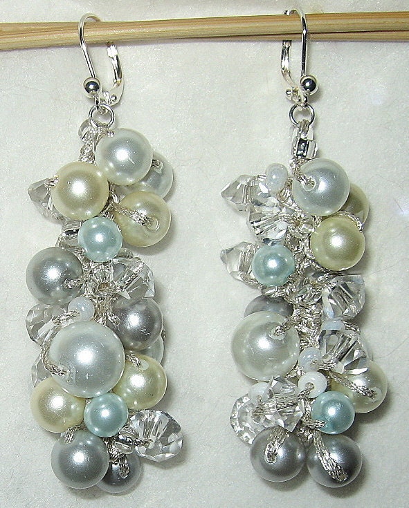 Something Blue Cascading Dangle Pearl Crystal Wedding Earring - SILVERY BLUE MOON -  Spiral  Cluster  Hand Knit Statement