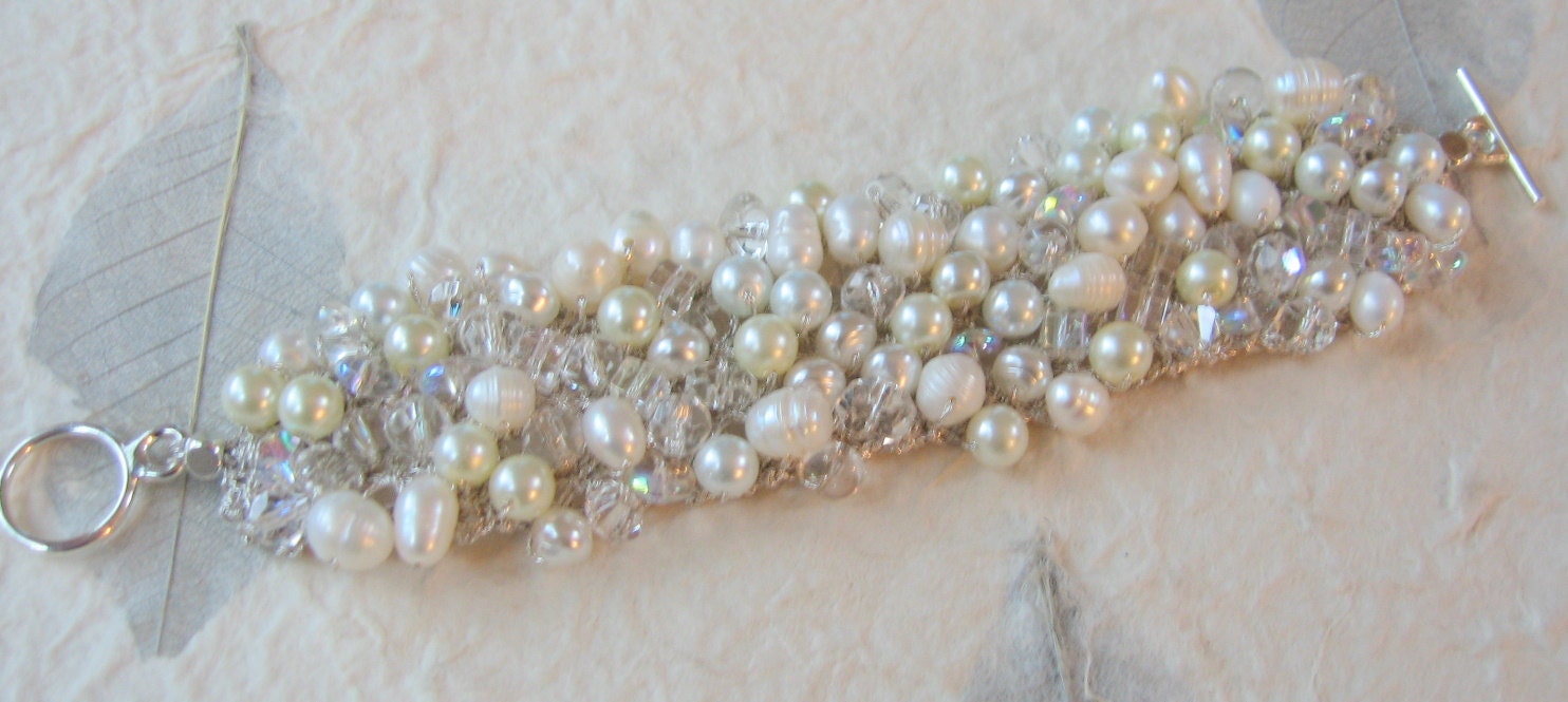 Freshwater Pearl Crystal  Wide Soft Hand Knit Bridal Wedding Bead Cuff Bracelet, White, Ivory Unique Original Exclusive, Sereba Designs