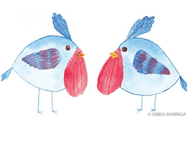 Red Bearded Blue Birds Watercolor Print