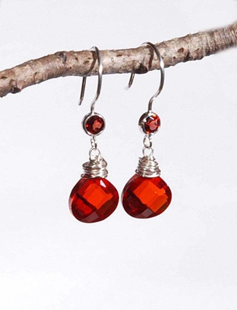 Siam Red Garnet CZ Drops and Sterling Silver earrings