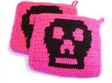 Pink and Black Skull Potholders - Crochet Potholders, Pot Holders, Hotpads, Hot Pads, Trivet Set - - Ready To Ship