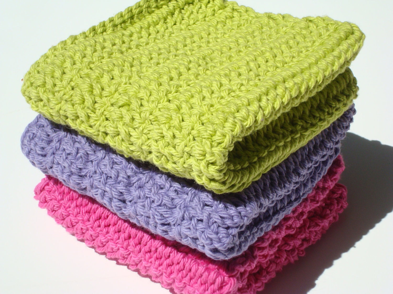 Three Cotton Dishcloths - Lime Green, Purple and Hot Pink Crochet Dishcloths, Dish Cloths - Ready To Ship