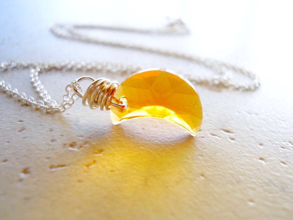 Topaz Moon Necklace, Swarovski Crystal, Sterling Silver Wire Wrapped, Warm Honey Color, Celestial Pendant