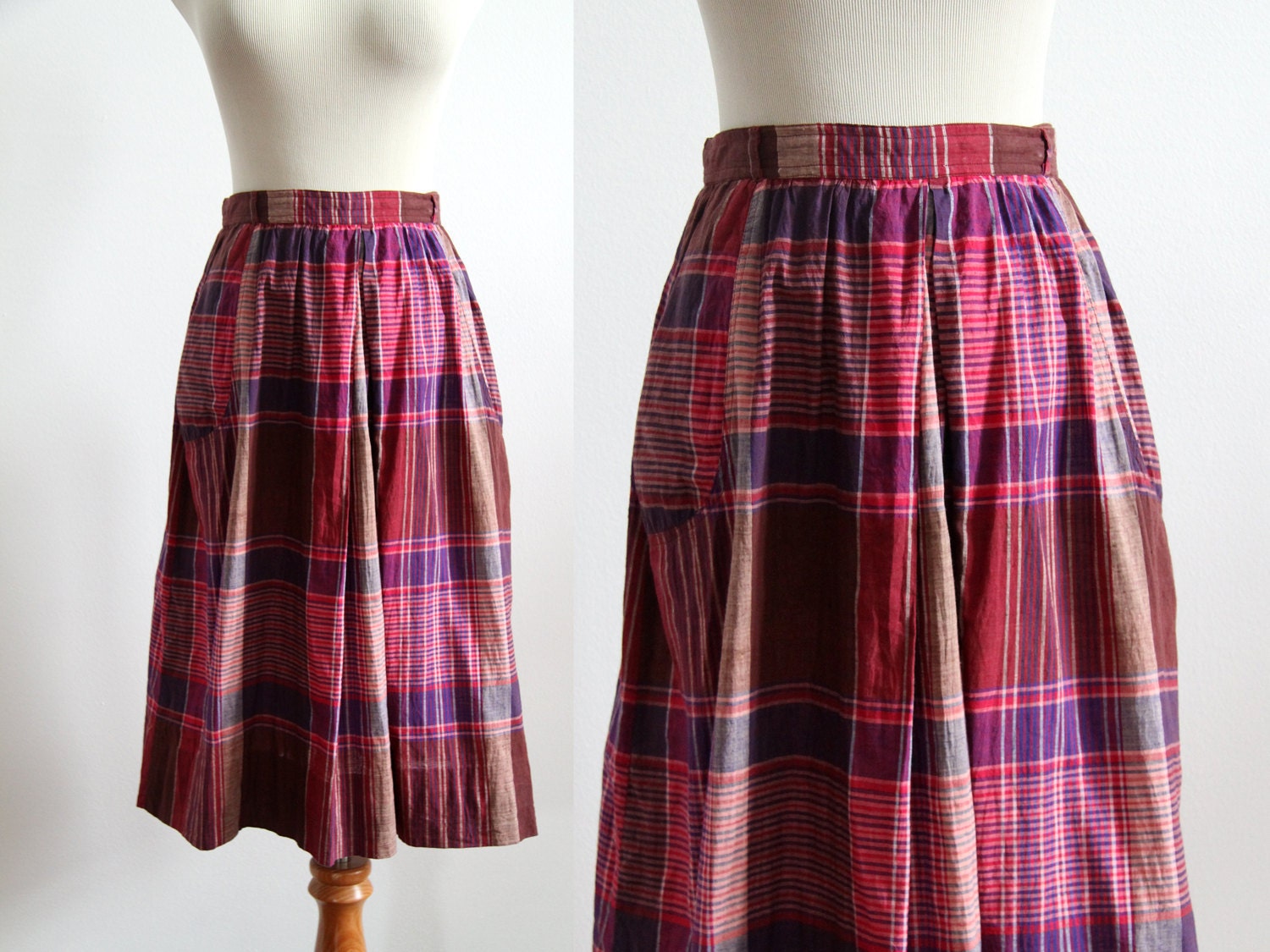 SALE Plaid Cotton Skirt - Magenta & Purple