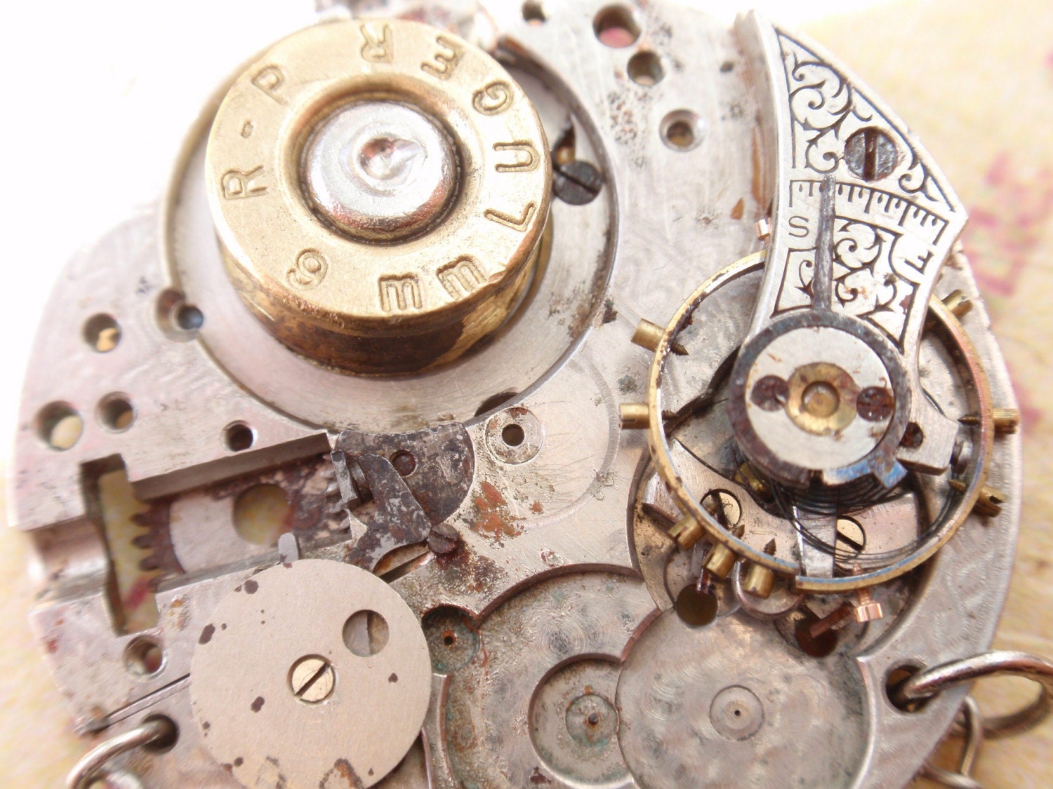 Balancing Bullets...Antique Watch Steampunk Necklace  Engraved Details swarovski OOAK