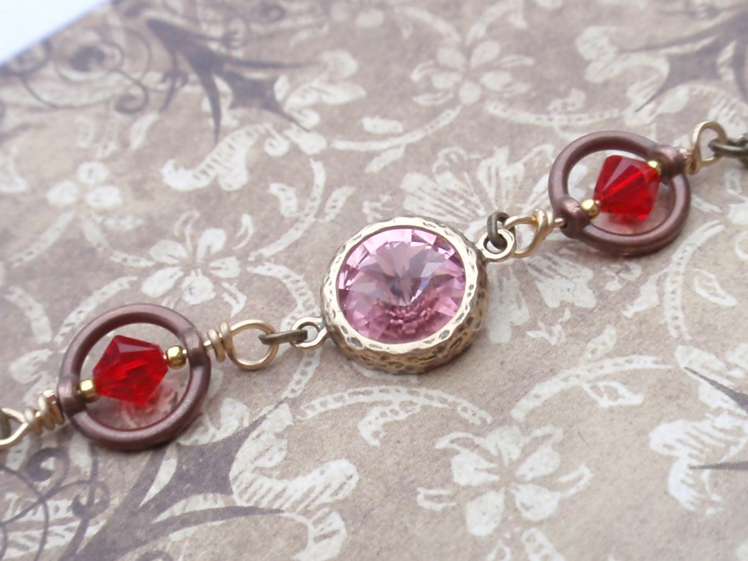 Swarovski crystals Red Pink Rivoli Bracelet Bronze Chain.