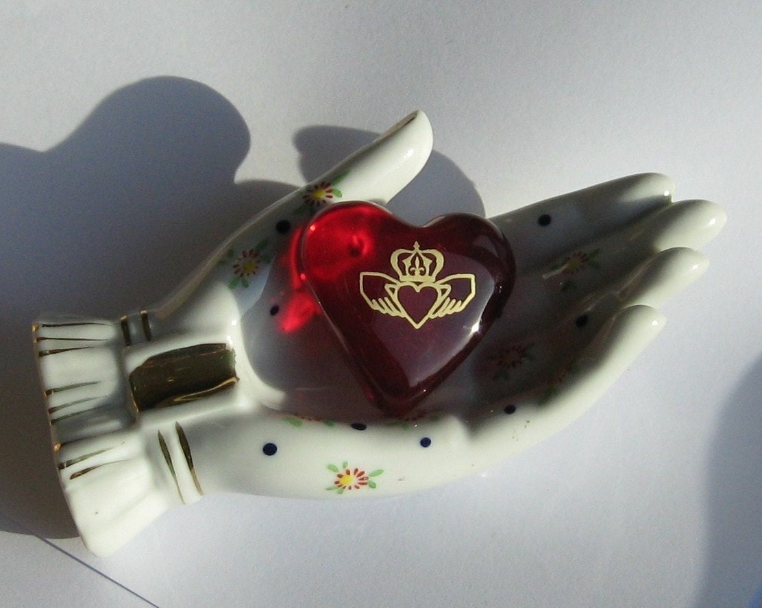 Red Glass Friendship Heart with 17th Century Irish Claddagh Symbol of Love Respect Loyalty 1.5x1.5x.5" 1.6oz
