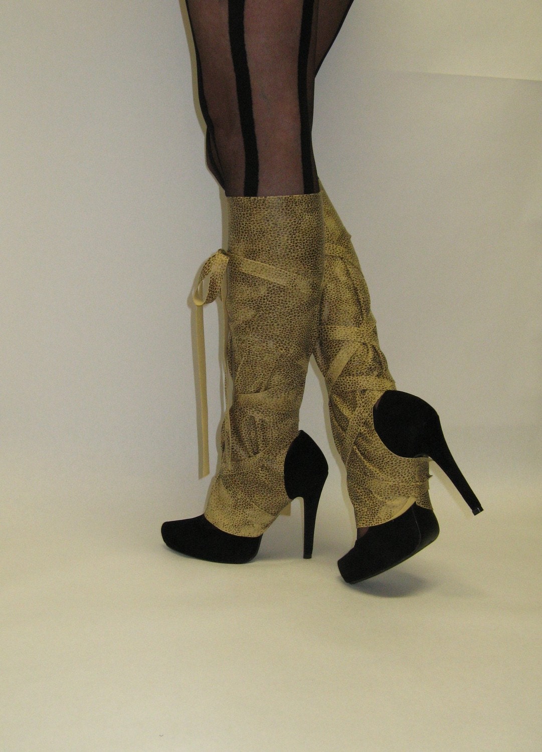 URBAN WARRIOR - Faux Skin  Strappy Spats - Knee High in Tan - Made to Order
