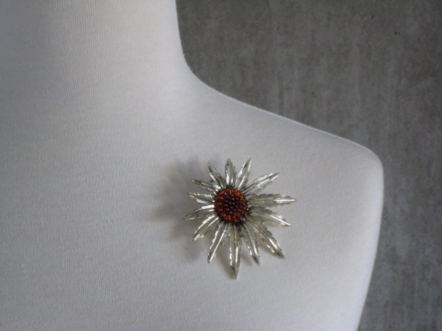 60s VINTAGE Sarah Cov brooch and pendant floral silvertone with amber and gold accented center excellent condition