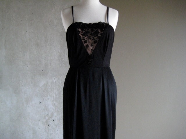 70s VINTAGE Frank Usher slip dress black and nude sequins embroidered floral design excellent condition size 12