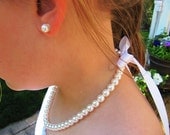 Little Girl Pearl  and ribbon Necklace and earring set perfect for flower girls , first pearls, birthday gift