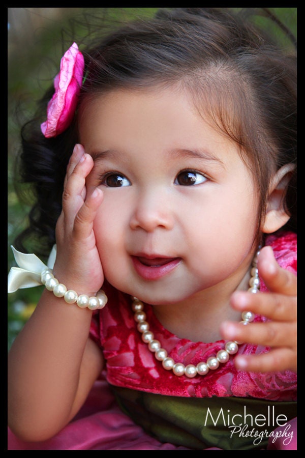 Little Girl Pearl and ribbon Necklace and Bracelet set perfect for flower girl gift or first pearls. Custom made just for you