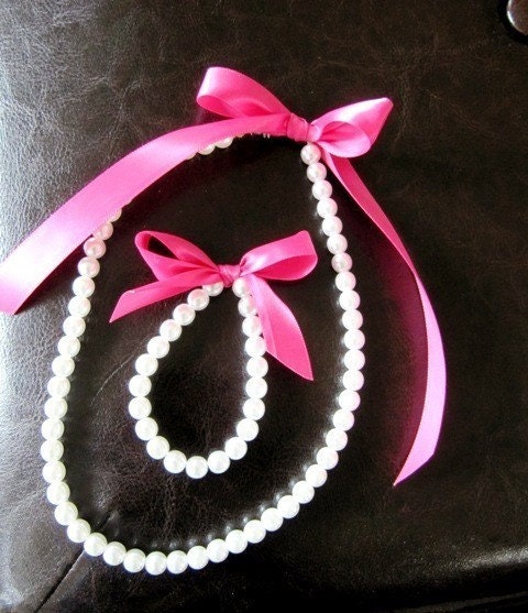 Little Girl Pearl and ribbon Necklace and Bracelet set perfect for flower girl gift or first pearls. Custom made just for you