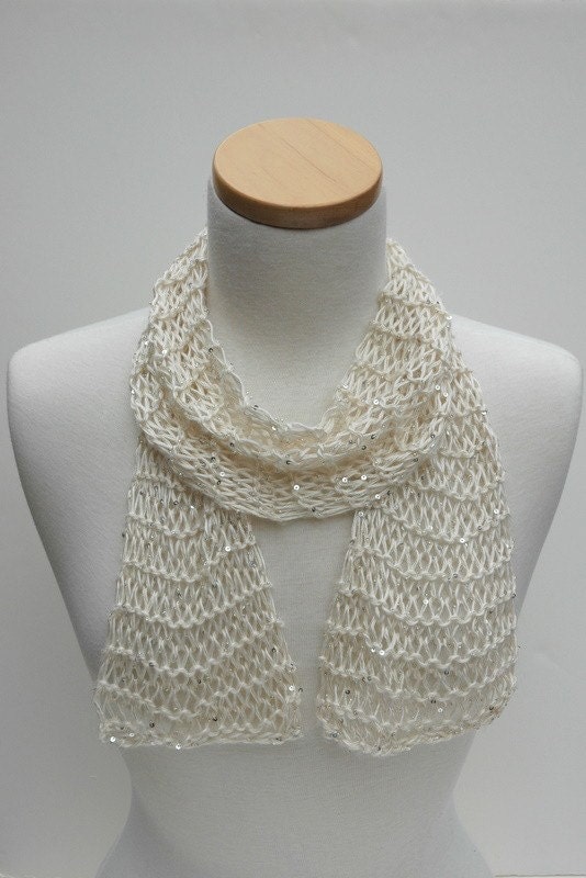 Silk Scarf- Hand Knit/ beaded/ sequined/white