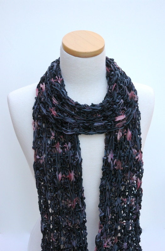 Cotton  Scarf- Hand Knit/ Black/ Mauve/ Gray/ Rose