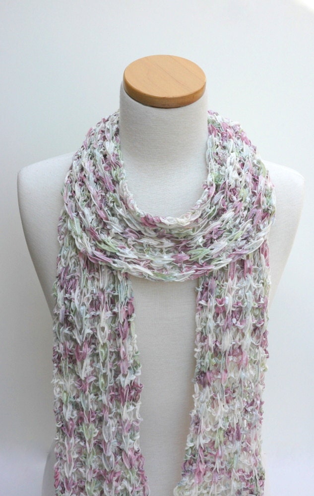 Cotton  Scarf- Hand Knit/ Cream, Rose, Mauve, Soft Green