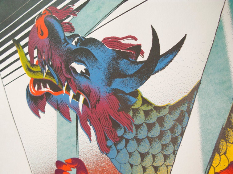 Handpull SilkScreen Art Print "Dragon Year" Chinese Mythology Creature