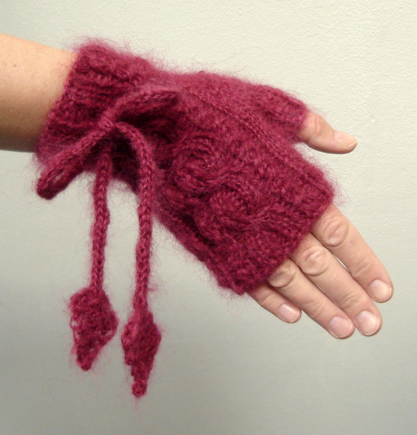 Mohair Fingerless Gloves with Cables and Cord