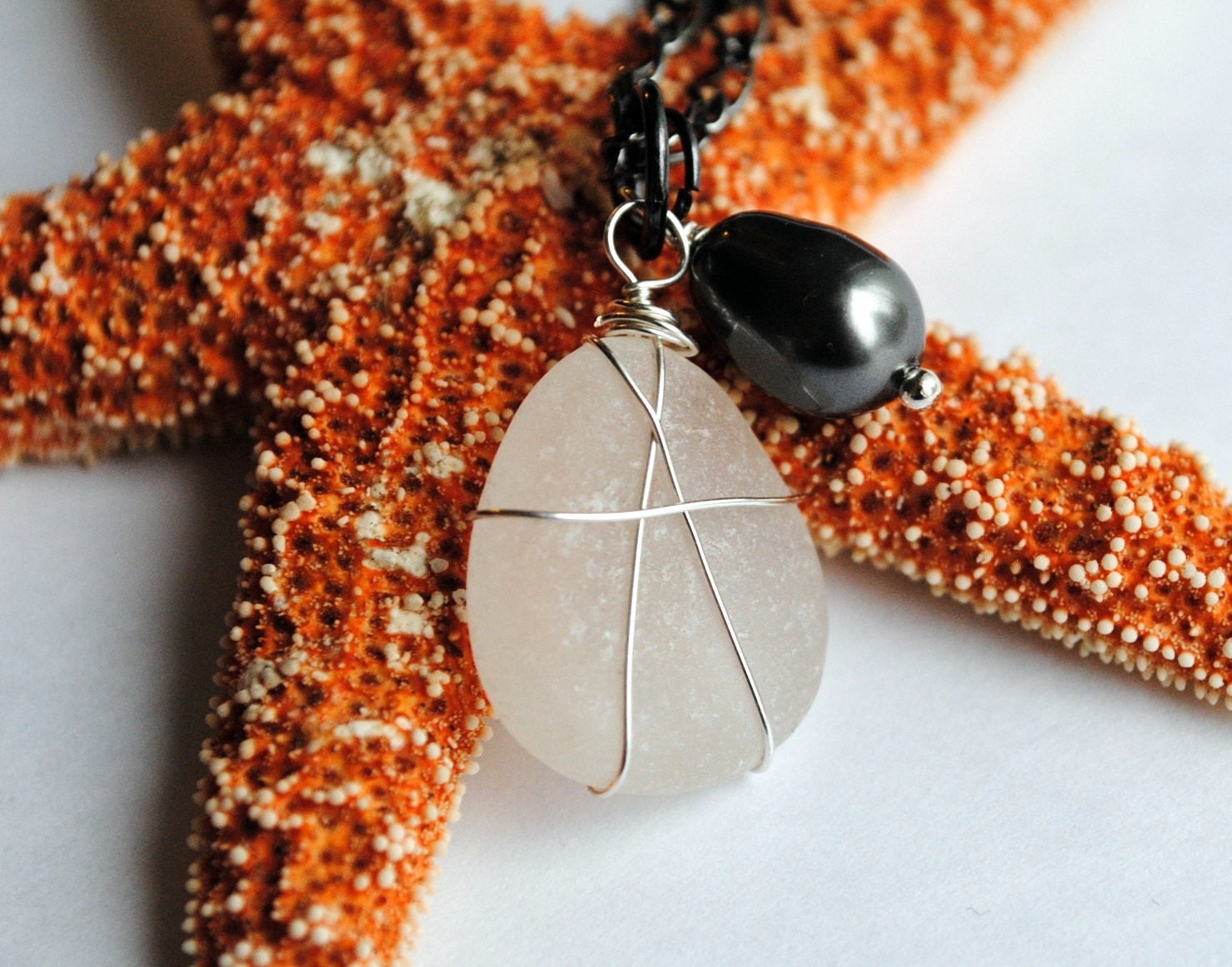Bridesmaid Necklace, Sea Glass Jewelry, Grey Pearl