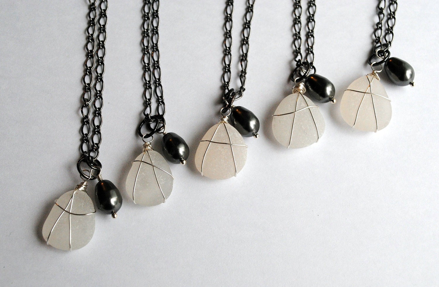 Bridesmaid Necklace, Sea Glass Jewelry, Grey Pearl